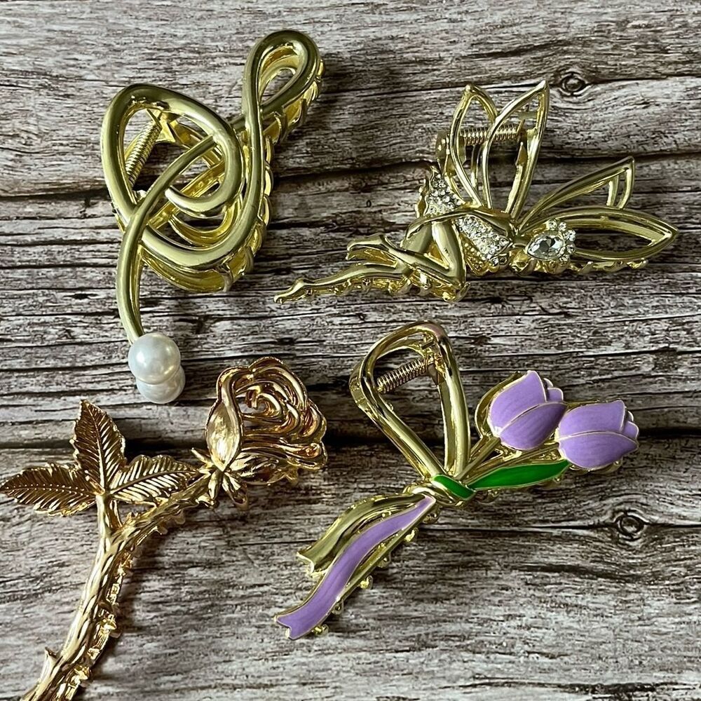 4 Pcs Metal Hair Claw Clip Accessories Womens Girls Tulip Rose Treble Clef Elf
